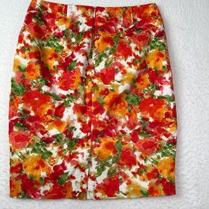 Forever 21 Flowered Pencil Mini Skirt Sz 2 Orange Yellow Green Pink Cotton Lined
